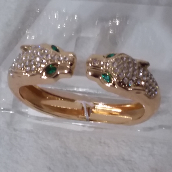 Leopard Heads Spring Back Bracelet Gold Tone Clear Rhinestones Natasha - Picture 2 of 9